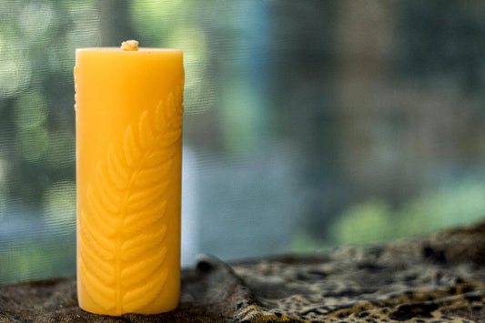 Close view of a tall golden pillar candle embossed with a single fern frond, set on rough bark.
