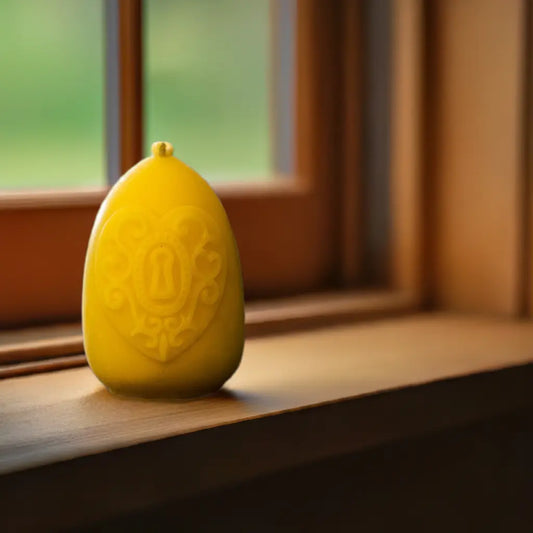 Heart and keyhole relief candle in bright yellow beeswax standing on a wooden windowsill.