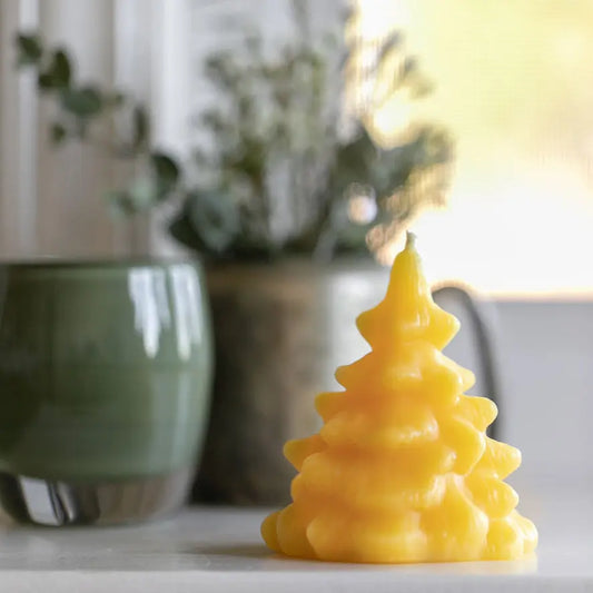Golden spruce tree candle on a white counter in front of a green pot and potted greenery.